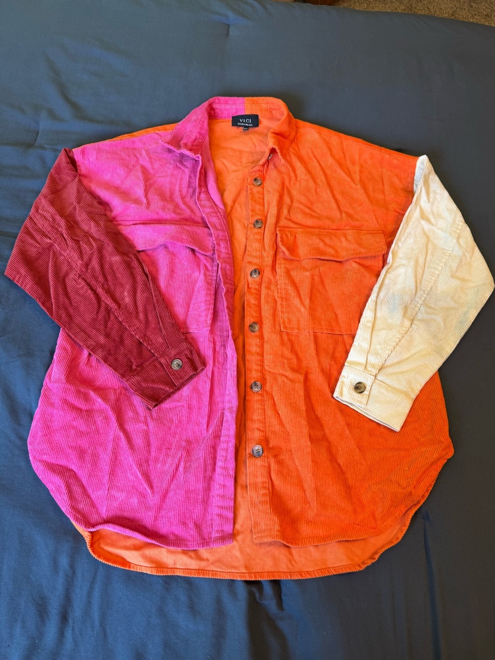 Vici Colorblock Corduroy Shirt Jacket in Orange, Pink & Cream
